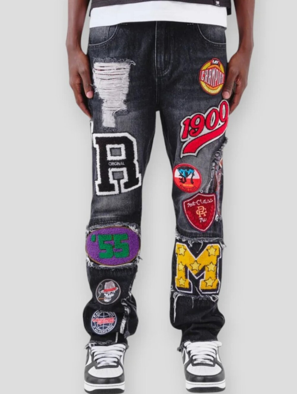 NWT Voyage Studio Embellished Distressed Black Patchwork Jeans